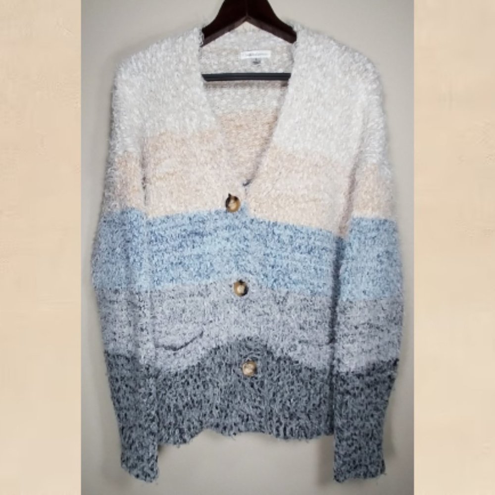 John Paul Richard Womens Large Cardigan Sweater Soft Fuzzy Eyelash Stripe Mom